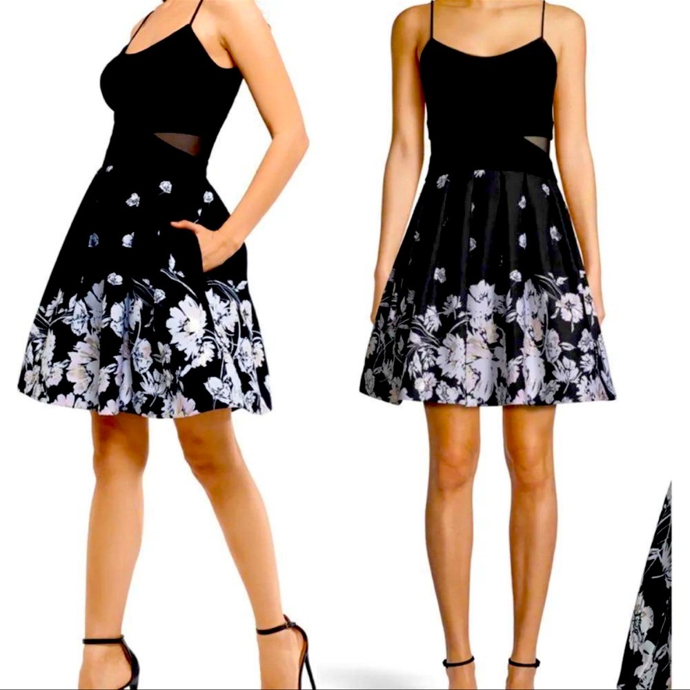 NWT XSCAPE Mesh Inset Print Pleated Floral Party Dress size 8